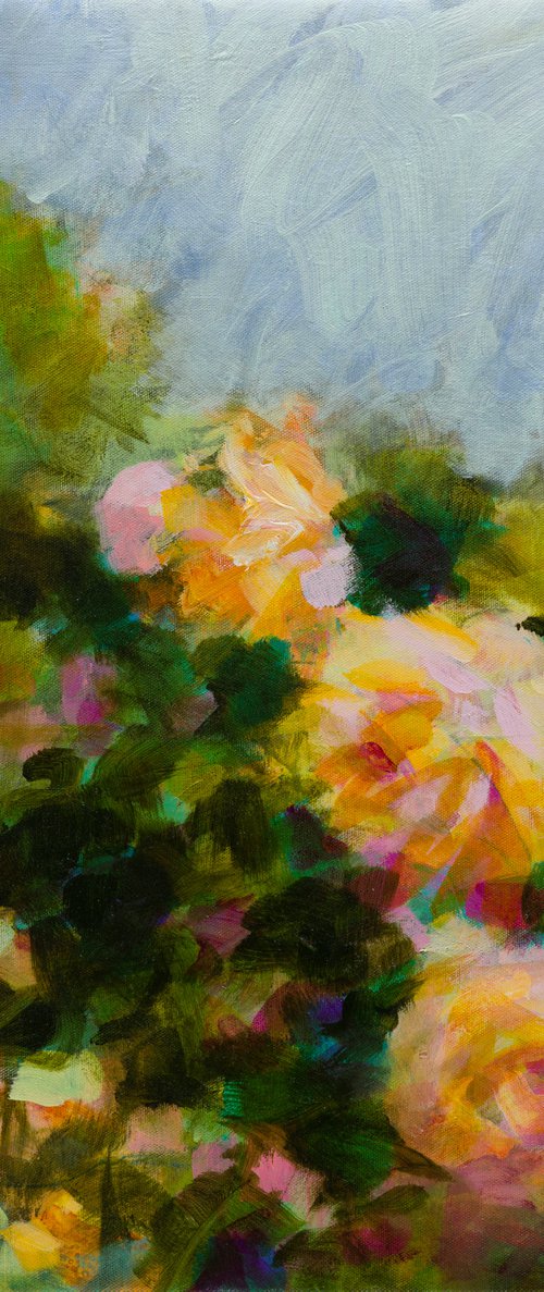 Pale orange roses in a garden - decorative modern floral by Fabienne Monestier