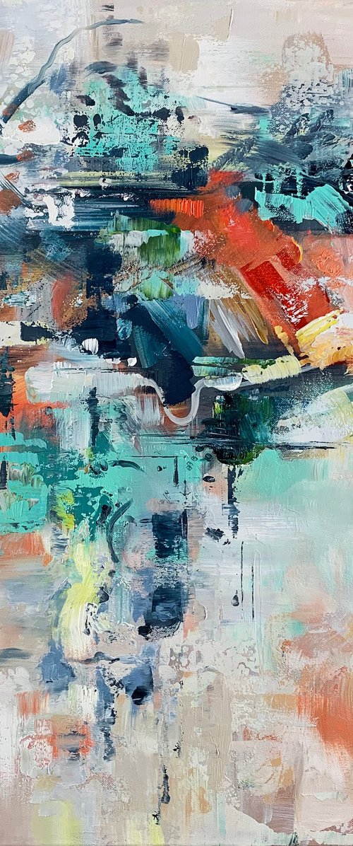 Bright New Day - abstract painting, ready to hang, teal red white colors by Sandra Zekk