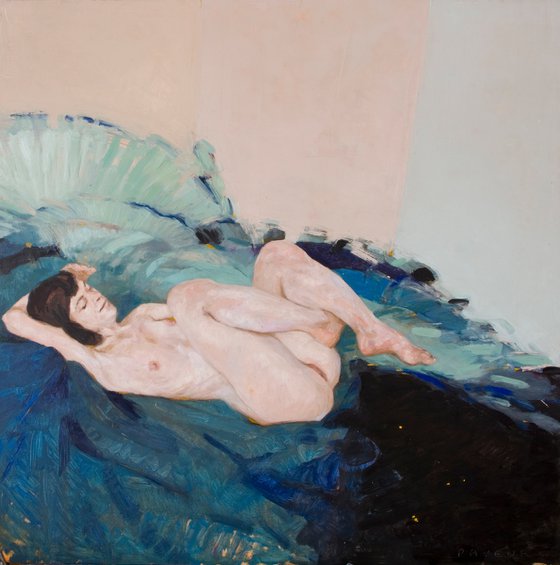 modern nude of a sleepy woman on light background