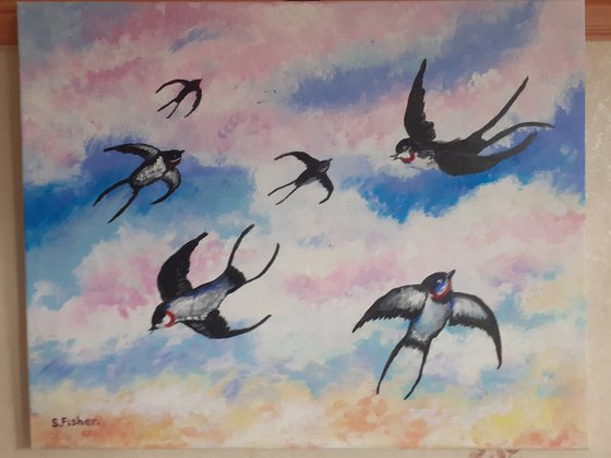swallows at sunset