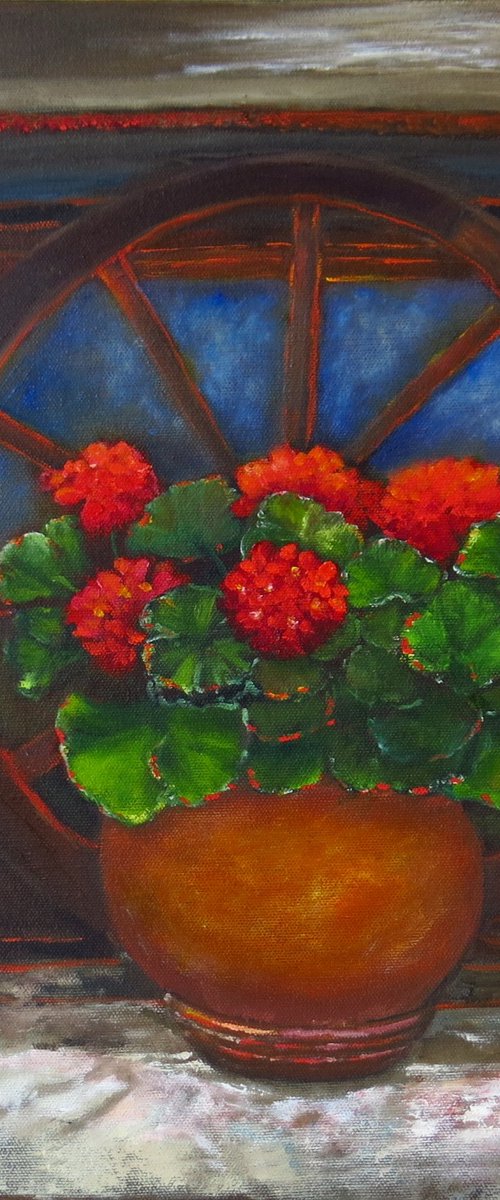Geraniums in a Window Setting by Maureen Greenwood