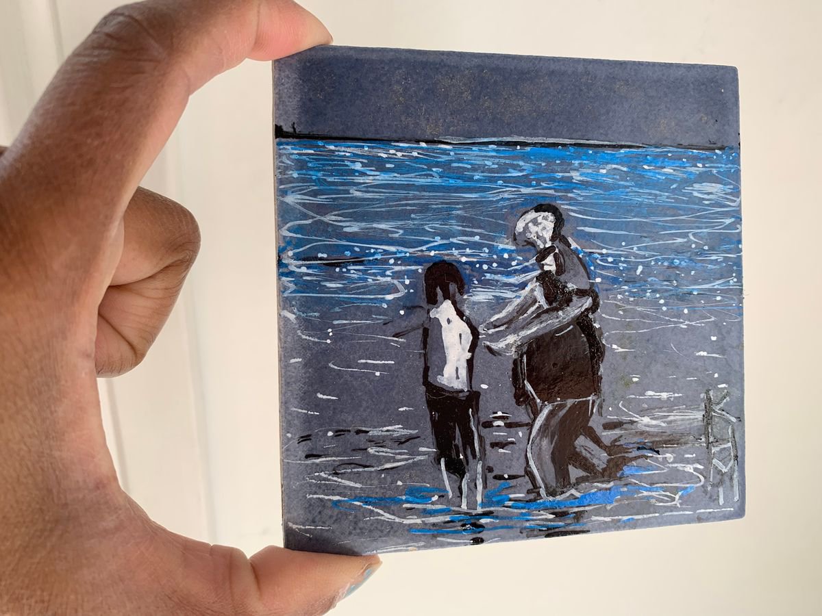Holiday Acrylic Painting of Man and Children in the Sea Art Home Decor Gift Ideas by Kumi Muttu
