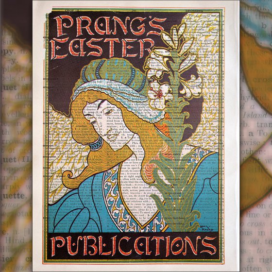 Prang's Easter Publications - Collage Art Print on Large Real English Dictionary Vintage Book Page