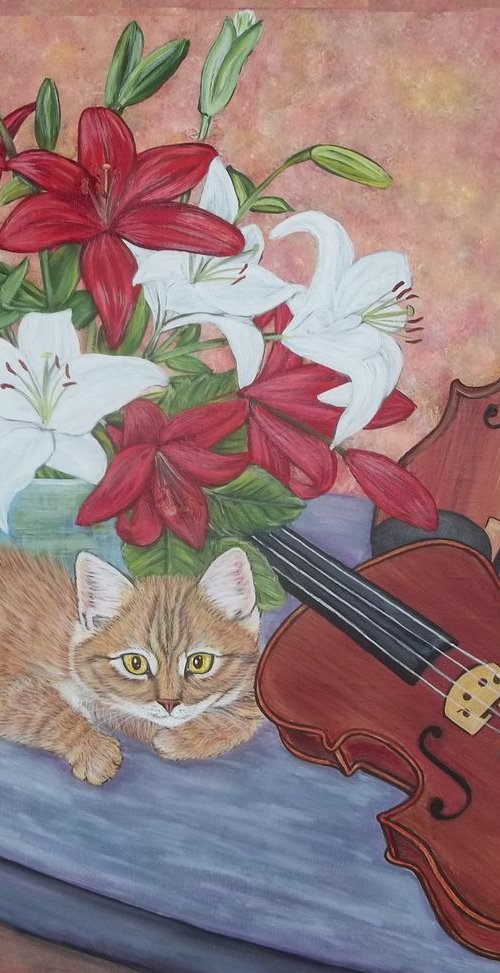 Kitten, Violines, and Lilies by Sofya Mikeworth