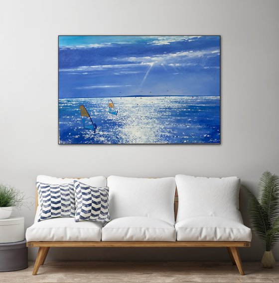 seacape painting on canvas , reflection on water art, sailboat art