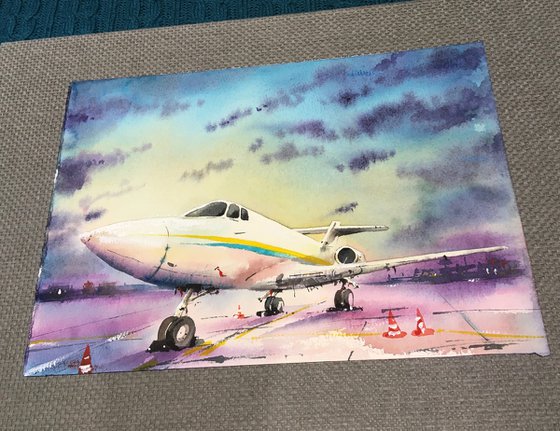 Sunset at the airport. Original watercolor.