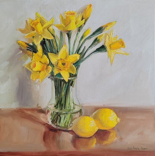 Narcissus flower bouquet oil painting Wild Flower original art 20x20" by Leyla Demir