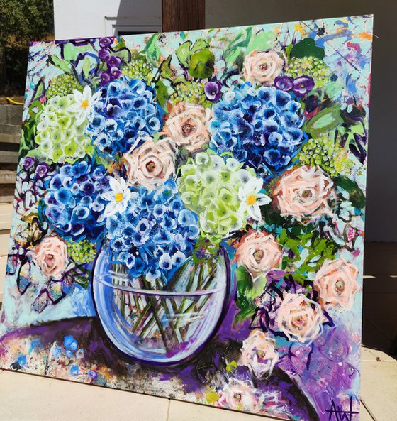 Blue Hydrangea and Roses