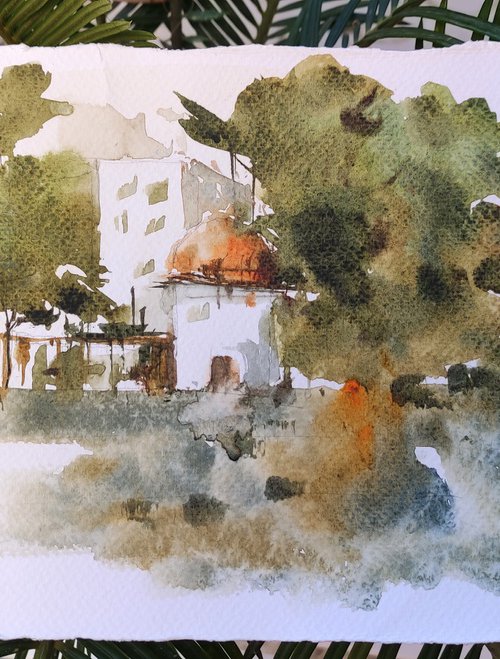 Thonon les bains countryside, original watercolour painting small, small cityscape wall art, original for her, gift ideas, Valentines day by Dawna Mae Mangeart