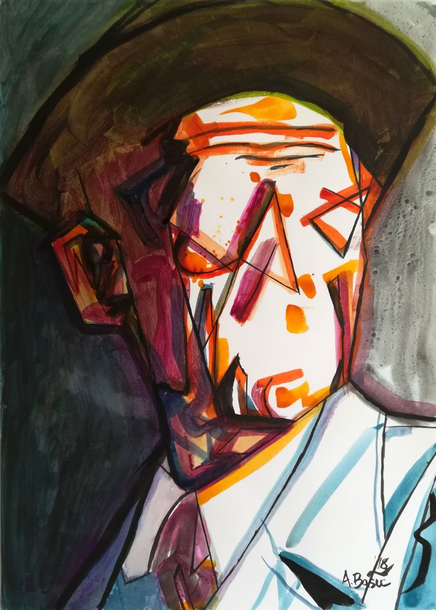 Geometric Portrait Painting By Aleksandar Basic, 12 X 17, Maurice Utrillo, Original Artwork