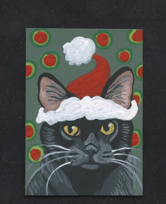 ACEO ATC Original Painting Christmas Pet Black Cat Art-Carla Smale