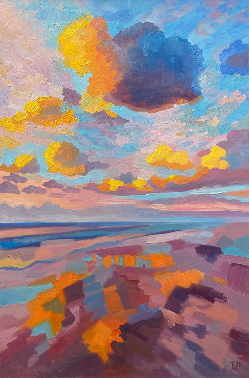 Reflections Original Oil Painting Beach art sea sky clouds abstract landscape by Julia Logunova