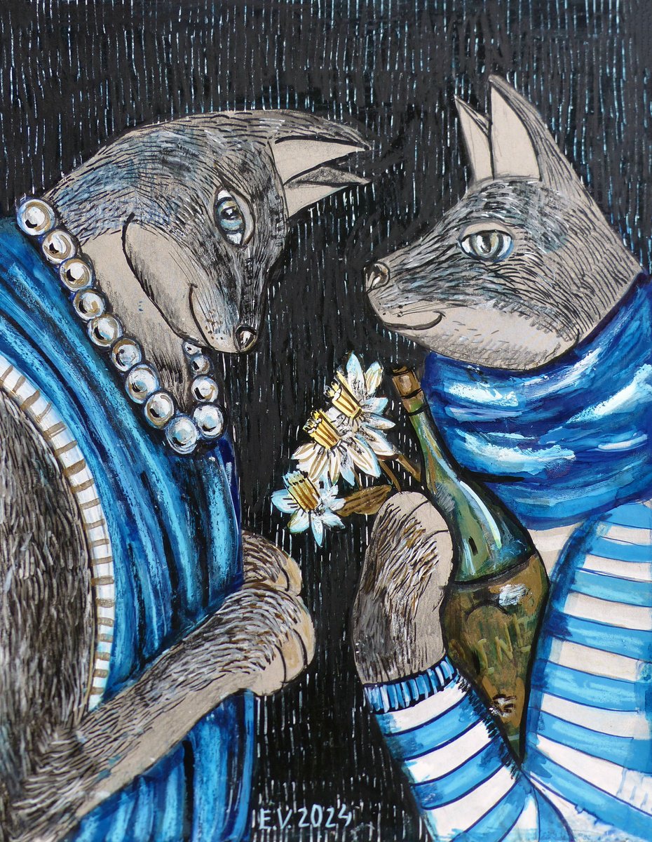 Naive Animal Painting By Elizabeth Vlasova, 11 X 14, First Date#3, Original Artwork