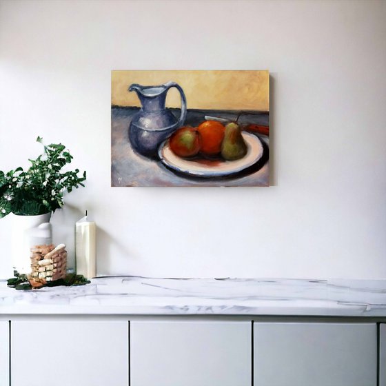 Still life with pewter jug and fruit