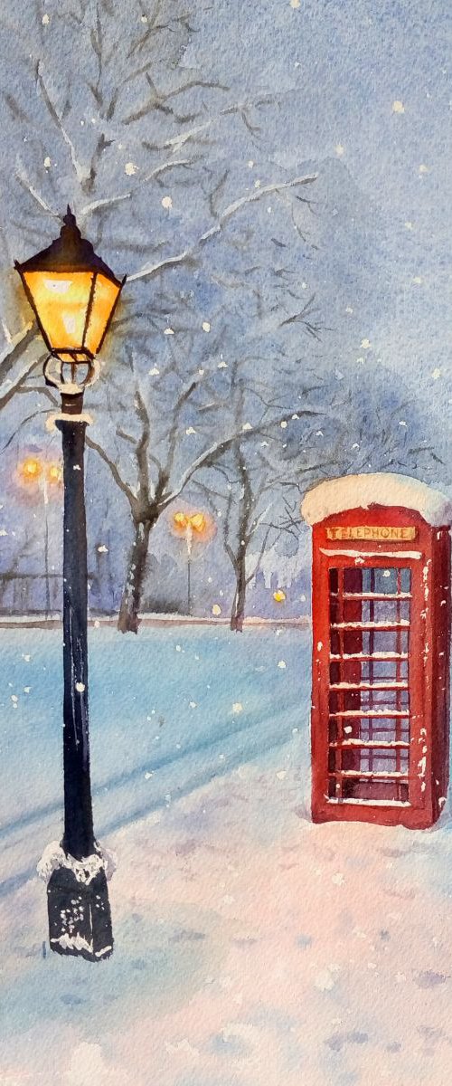 British Red Telephone Box in t by Olga Beliaeva Watercolour