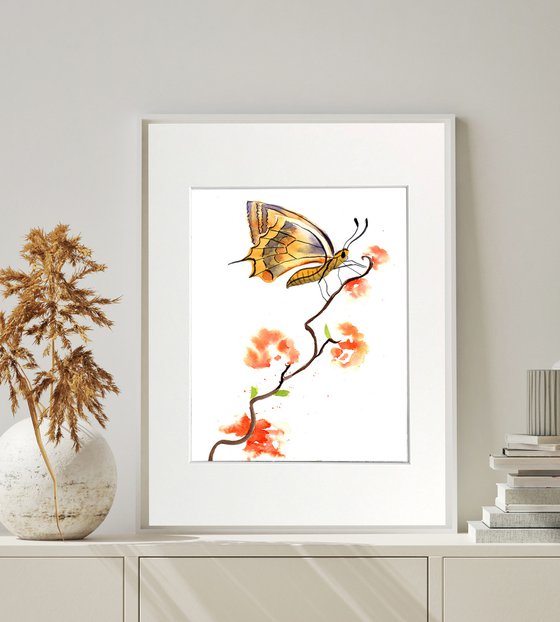 Butterfly and plant -  Set of 2 mounted original watercolor paintings