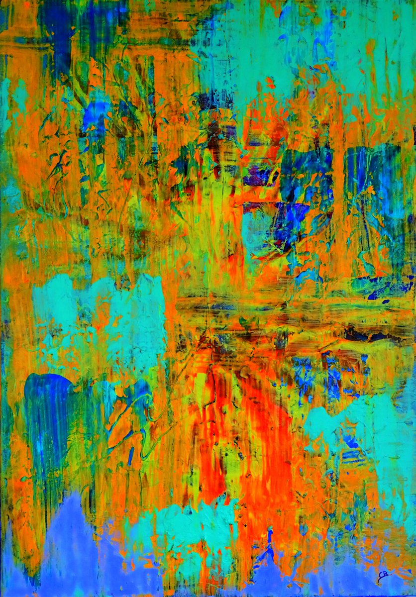 Abstract Acrylic Painting By Cb., 28 X 39, Skyscraper City, Original Artwork