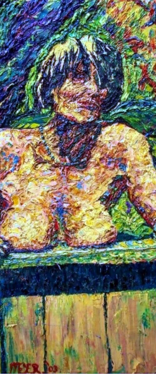 Woman at a gate with a dancing dog. by Richard Meyer