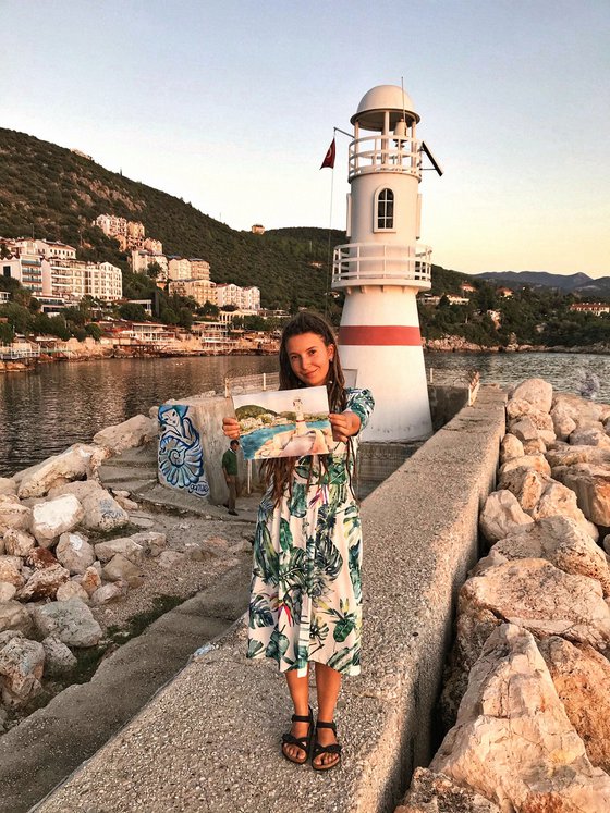 Lighthouse in Kas, Turkey - original watercolor seascape sunset cityview
