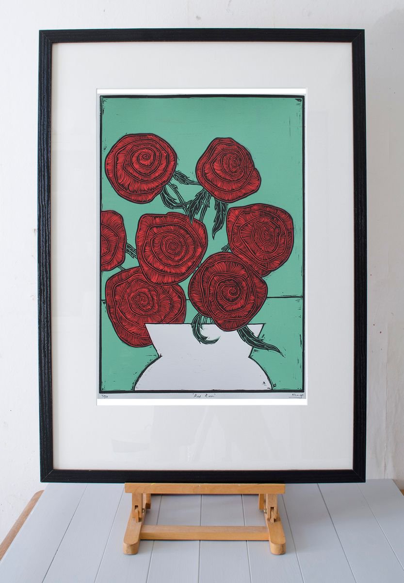 Red Roses - Original Limited Edition Linocut (unframed) by Faisal Khouja