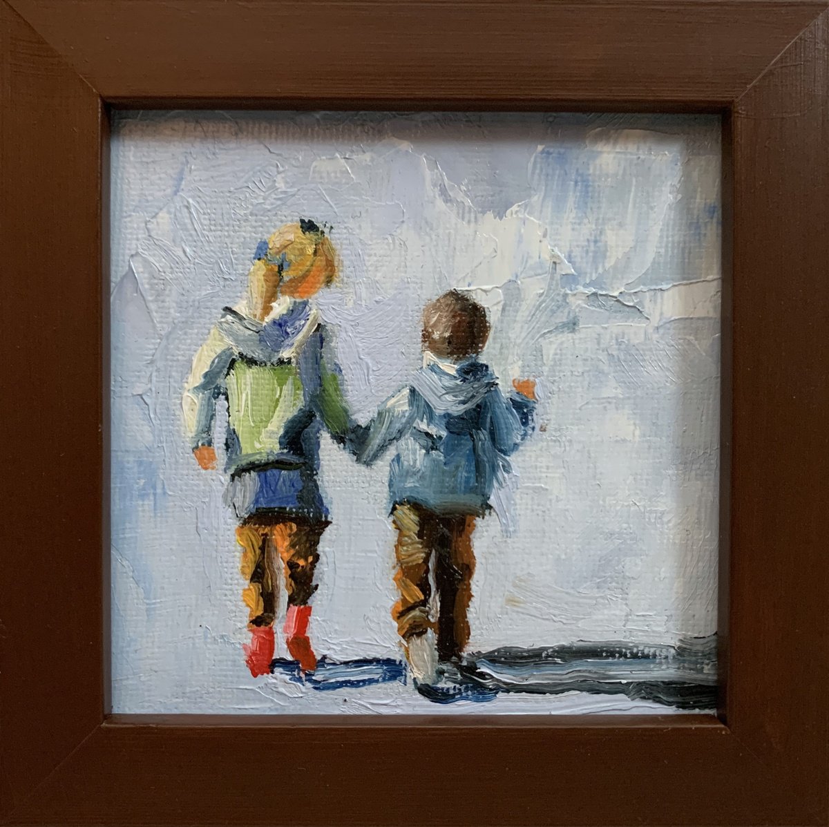 Expressive Portrait Oil Painting By Vita Schagen, 5 X 5", Sister And Brother. Children., Original Artwork