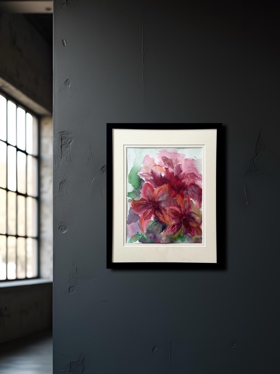 Organic Botanical Watercolour By Yuliia Poraiko, 12 X 15", Red Lilies, Original Artwork