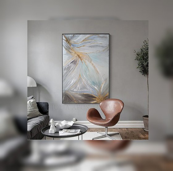 Elegant Wall Art, Minimalist Painting, Original Abstract Art, Gray Silver Gold, Contemporary Art, Ready to Hang, Huge Painting, Modern Large Wall Art Decor, ''Soulscape''