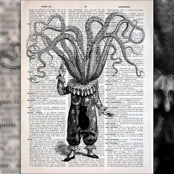 Octopus Astronomer - Collage Art Print on Large Real English Dictionary Vintage Book Page