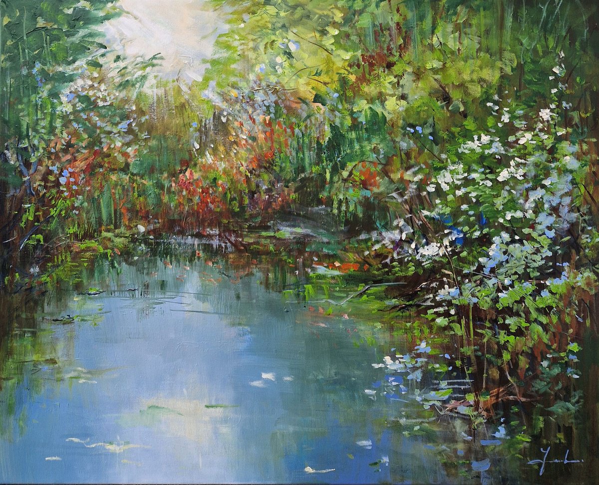 Impressionistic Landscape Acrylic Painting By Irina Laube, 39 X 31, Forest Lake I, Original Artwork