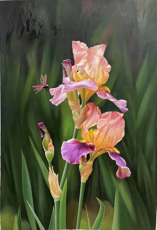 Realism oil painting:flowers with dragonfly t216 by Kunlong Wang