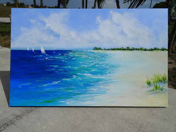 SUMMER BREATH. Large Abstract Seascape Painting. Beach, ocean, waves, sky with clouds, sailboats, sailing, yacht. Modern Impressionism