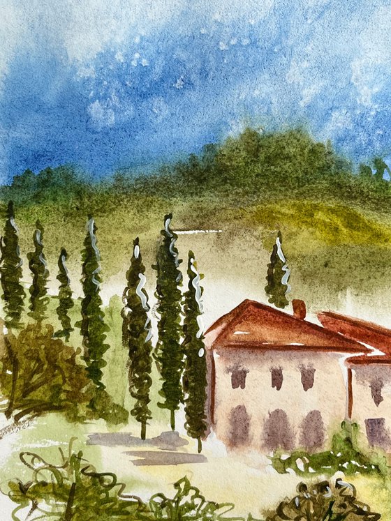 Tuscany Painting Italy Original Art Farm House Watercolor Poplar Tree Artwork Small Landscape Wall Art 12 by 8 inches