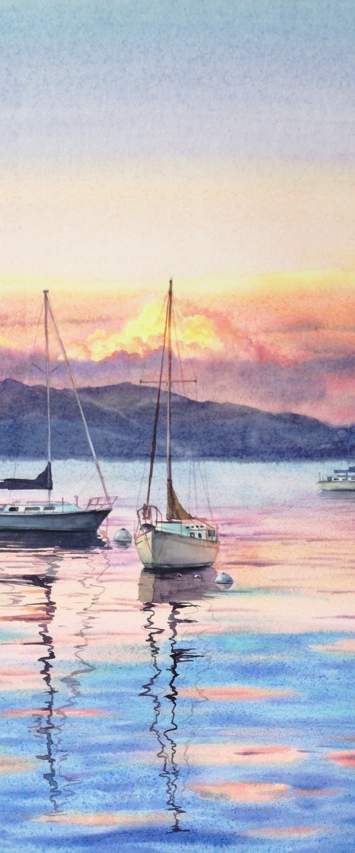 Yachts in Evening Glow by Olga Beliaeva Watercolour