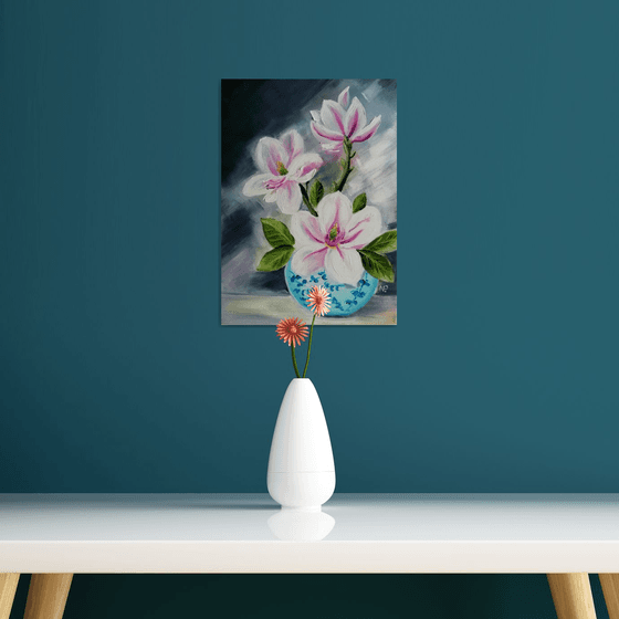 Magnolia in a vase, original flower oil painting, gift idea for her, wall decor for home