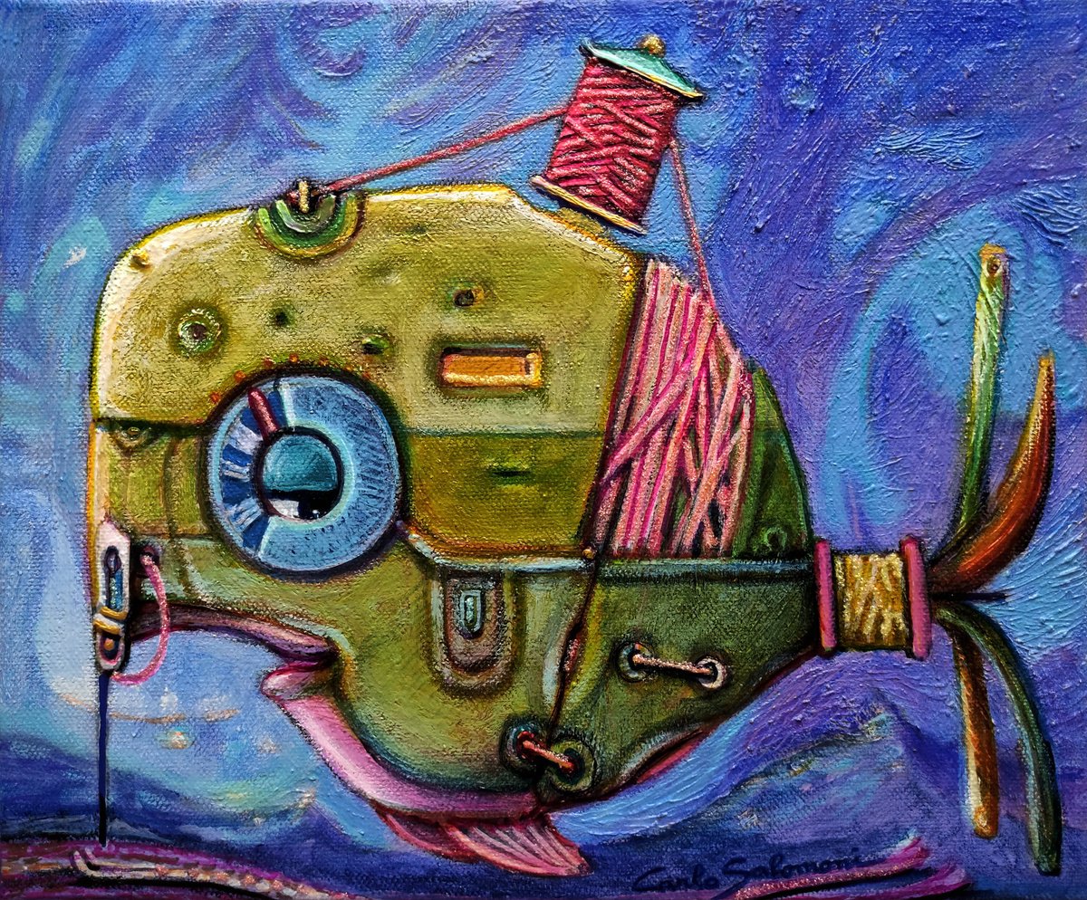 Cartoon Animal Painting By Carlo Salomoni, 12 X 10, The Sewing Fish, Original Artwork