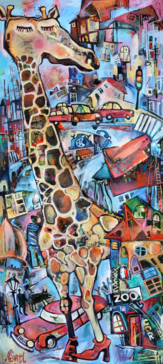 Expressive Cityscapes Oil Painting By Nikifor Swiristuhin, 35 X 79", Dreams Of The City Giraffe., Original Artwork