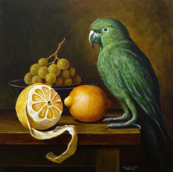 Peeled lemon with parrot