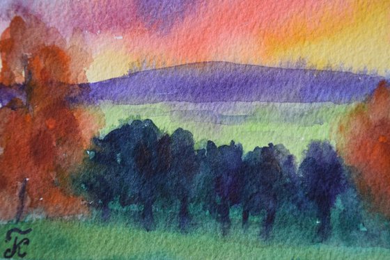 Sunset autumn mountains and fields Small watercolor painting