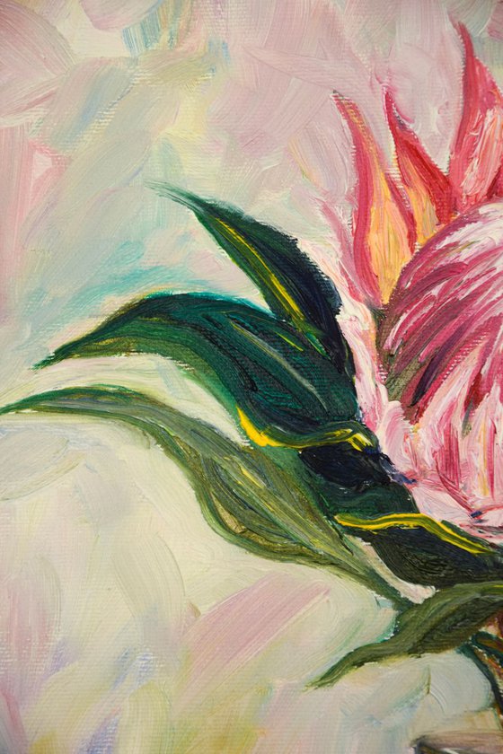 Flower protea original oil painting on canvas, pink plant in glass still life