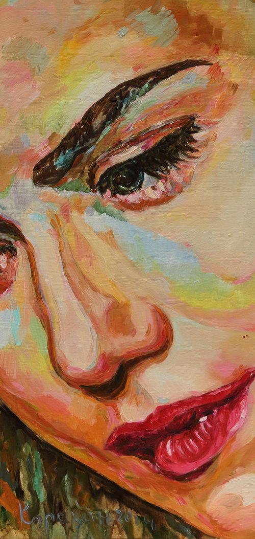 PRETTY FACE - Female portrait, original oil painting, face, render look, eyes, love, angel, lover, lips mother, impressionism, interior art home decor, gift by Karakhan