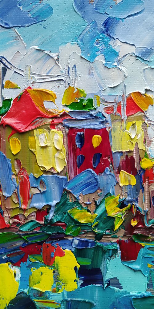 Сity in the light of lanterns - city, cityscape, city oil painting, cityscape oil painting, city and sea, city lights by Anastasia Kozorez