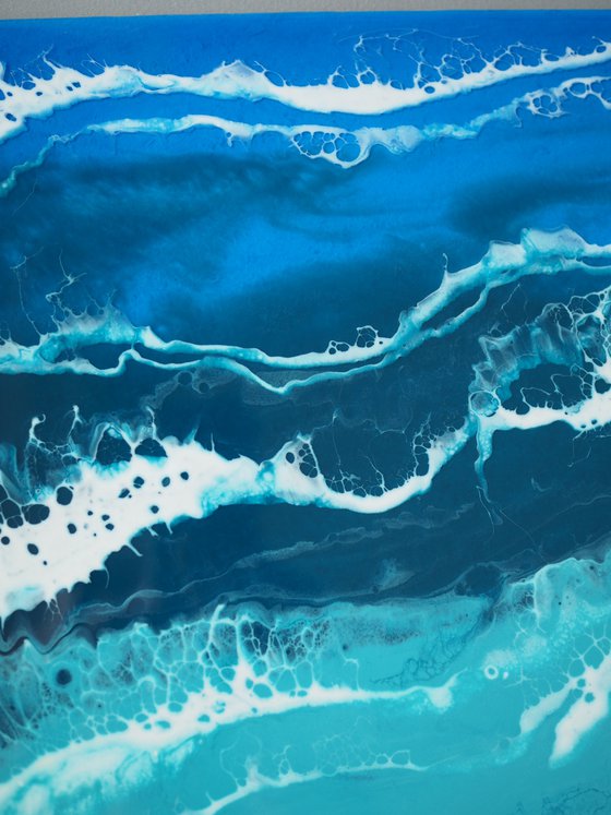 Ocean - original seascape resin artwork on board, turquoise waves, realistic foam