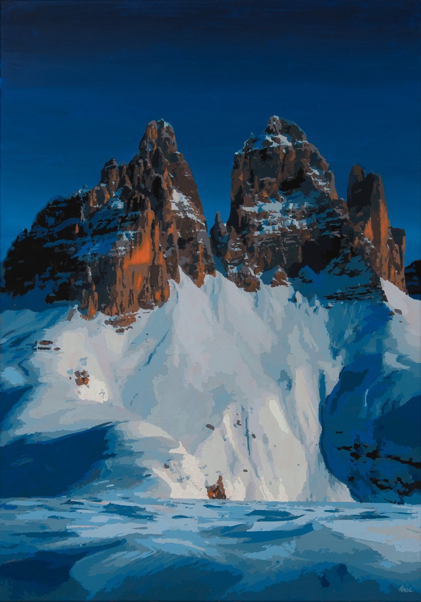 Photorealistic Landscape Acrylic Painting By Marco Barberio, 30 X 41", Cime Di Lavaredo At Sunset, Original Artwork