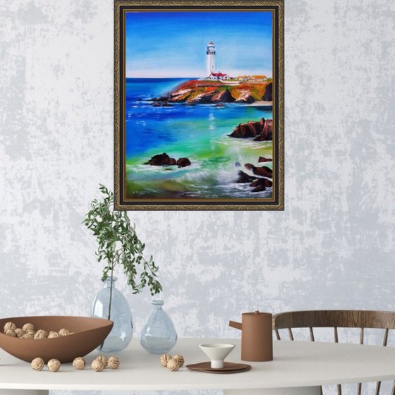 Lighthouse Landscape. Pigeon Point Lighthouse (California, USA). Original Oil Painting on Canvas. Spectacular Coastal Landscape with Blue Sky and Water Reflection.