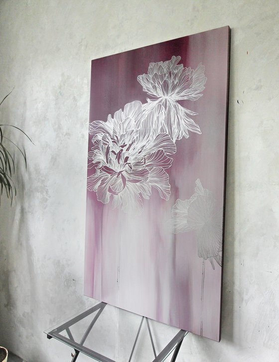 "Pink Thinness 2" Silver flowers abstract art