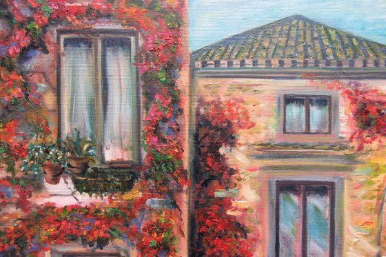 In the courtyard Italian Architecture Red House with Arch Sunny Street Dog Pet Florence Doorway View
