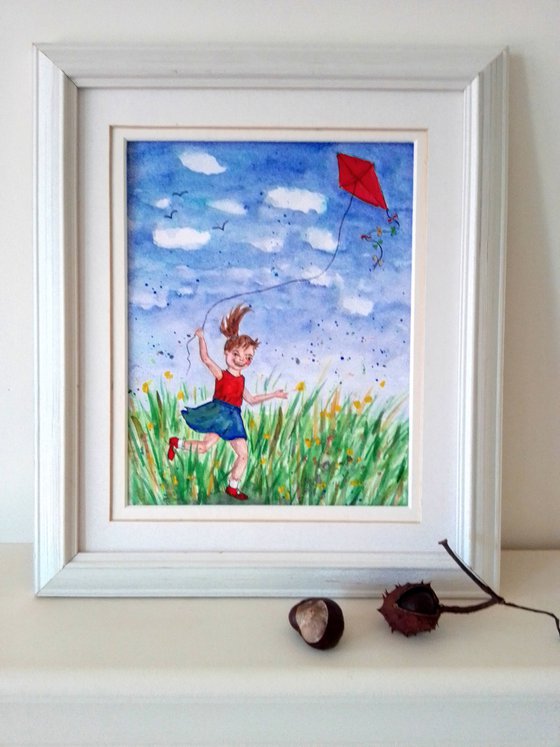 Little Girl Flying a Red Kite.