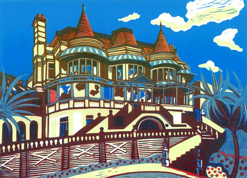East Cliff Hall (The Russell-Cotes Art Gallery and Museum) - Signed original linocut print edition of 50 by Cecca Whetnall