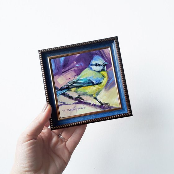 Blue tit bird art painting original 4x4, Small bird artwork in frame, Framed painting of titmouse bird, Pocket bird picture, Christmas gift