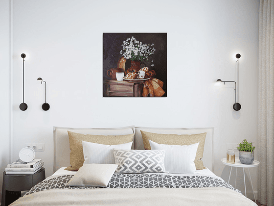 Rural still life, Pastries and White flowers